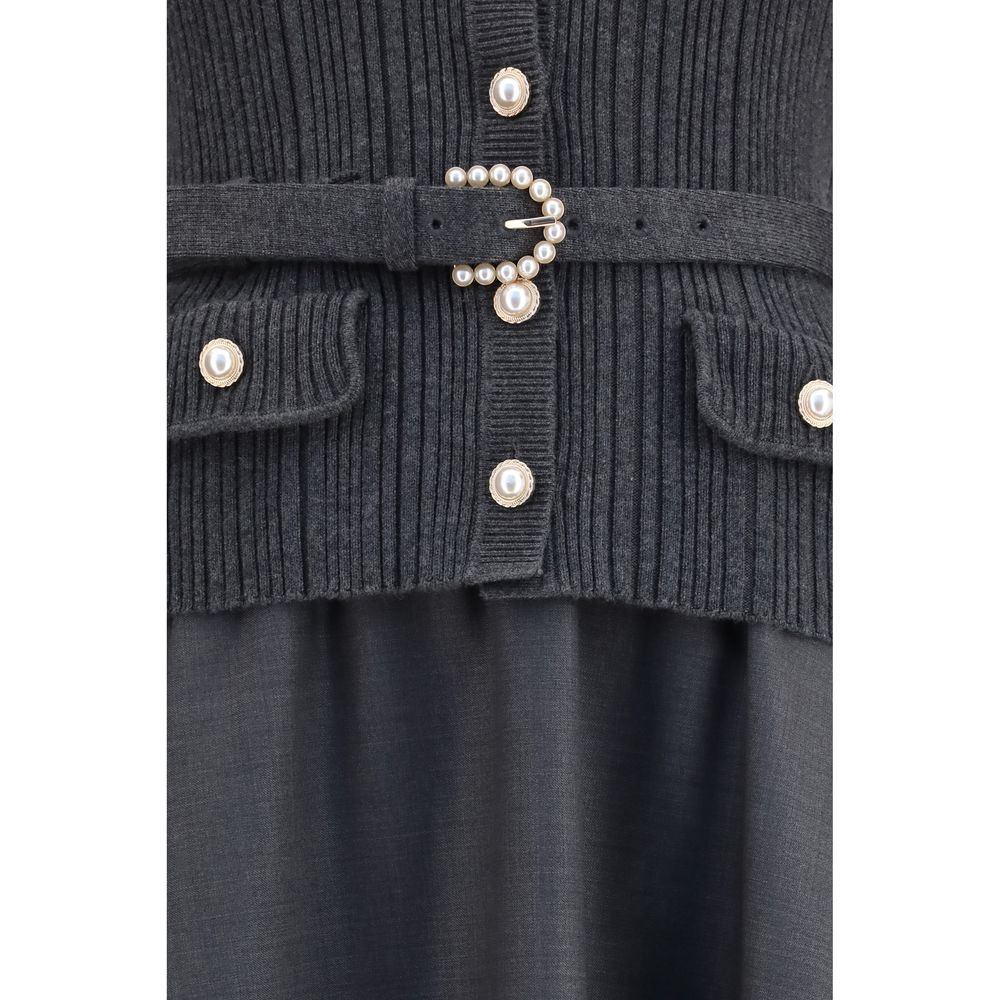 Self-Portrait Gray Polyamide Midi Dress with Pearl Details
