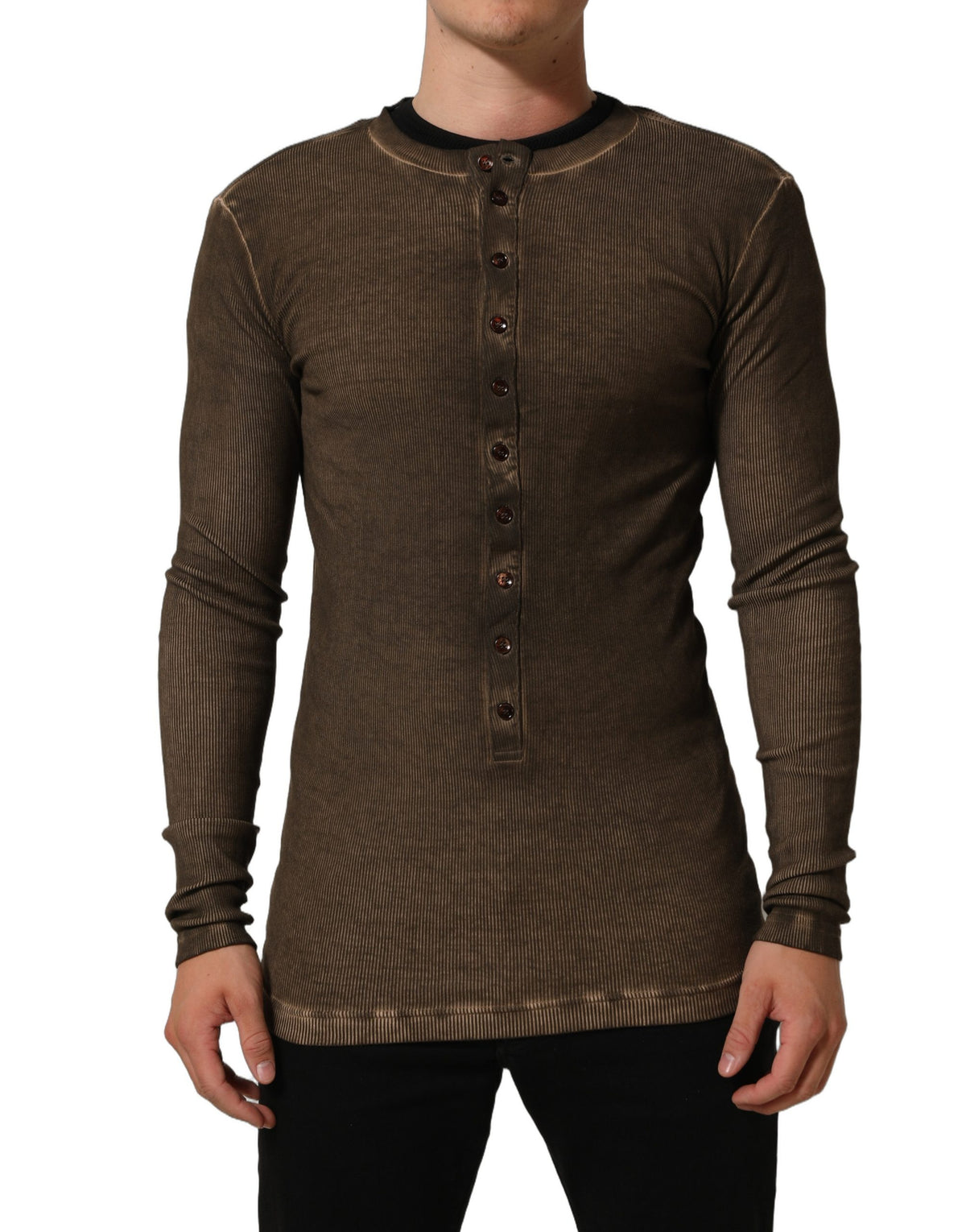 Dolce & Gabbana Brown Cotton Buttoned Henley Pullover Sweater