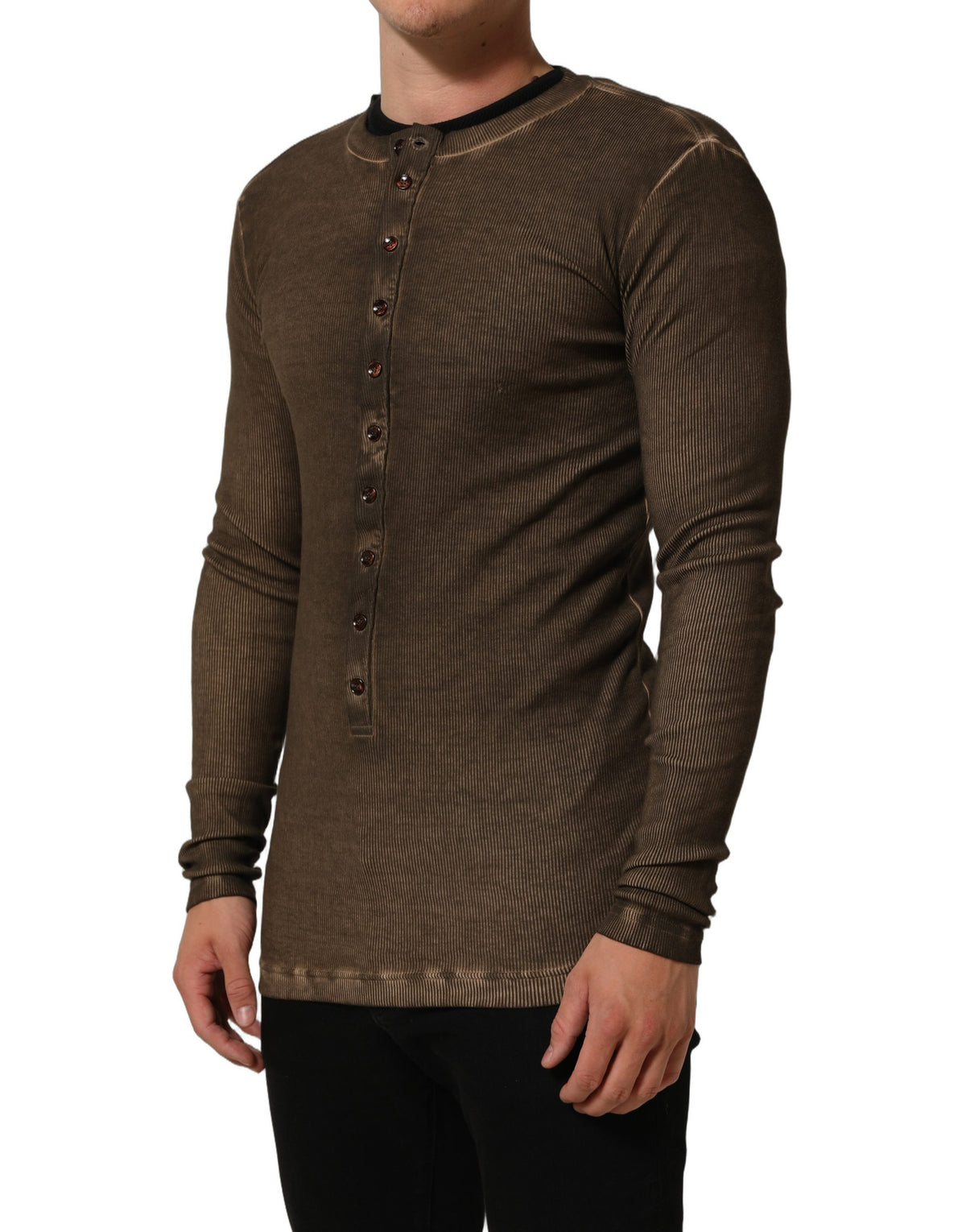 Dolce & Gabbana Brown Cotton Buttoned Henley Pullover Sweater