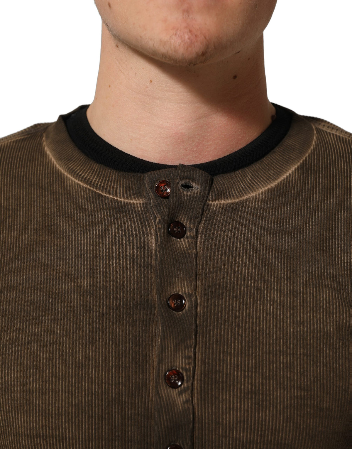 Dolce & Gabbana Brown Cotton Buttoned Henley Pullover Sweater