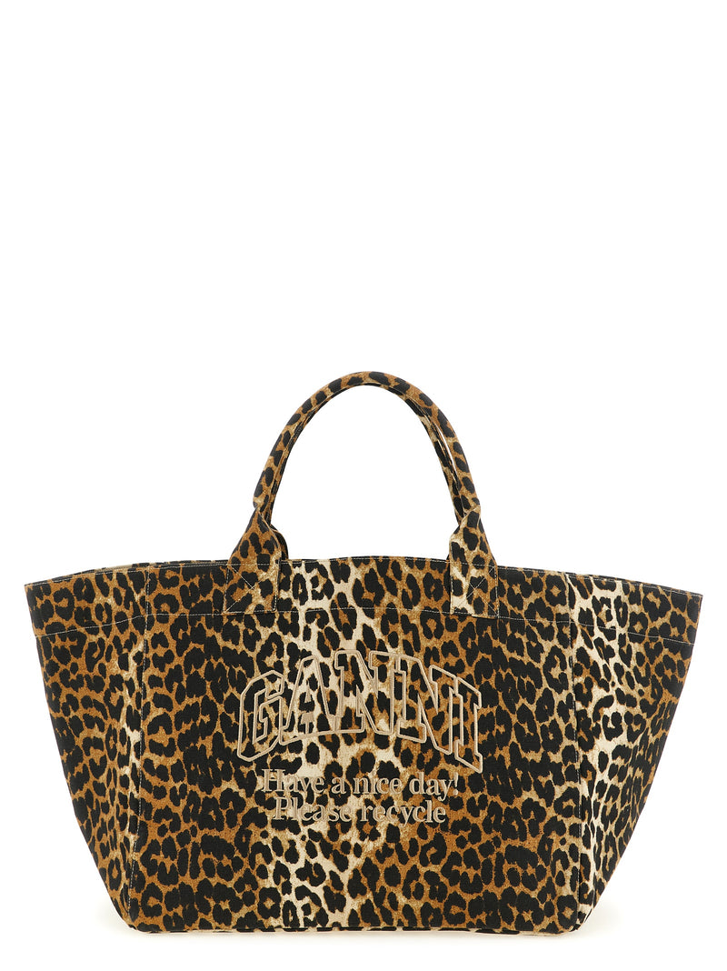 Ganni Brown Recycled Cotton Leopard XXL Tote Bag