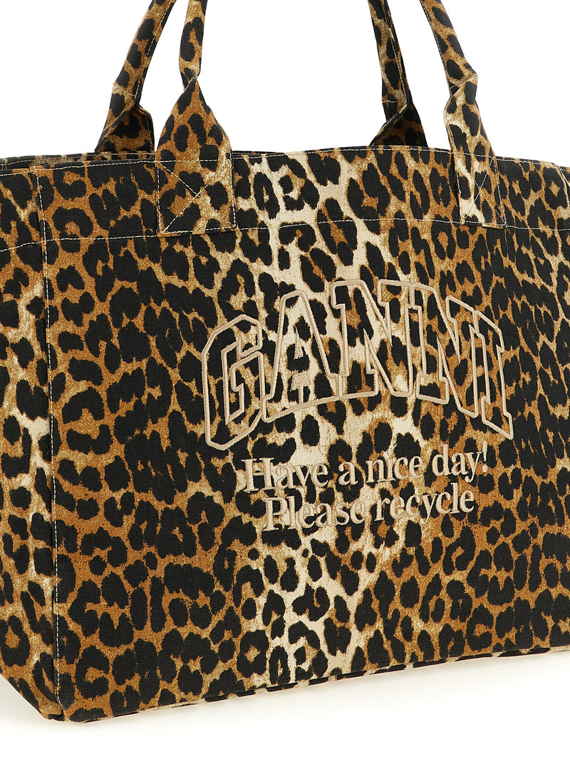 Ganni Brown Recycled Cotton Leopard XXL Tote Bag