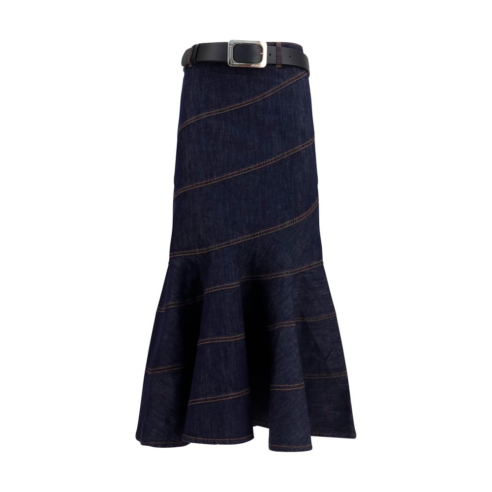 Self-Portrait Blue Denim Midi Skirt with Belt