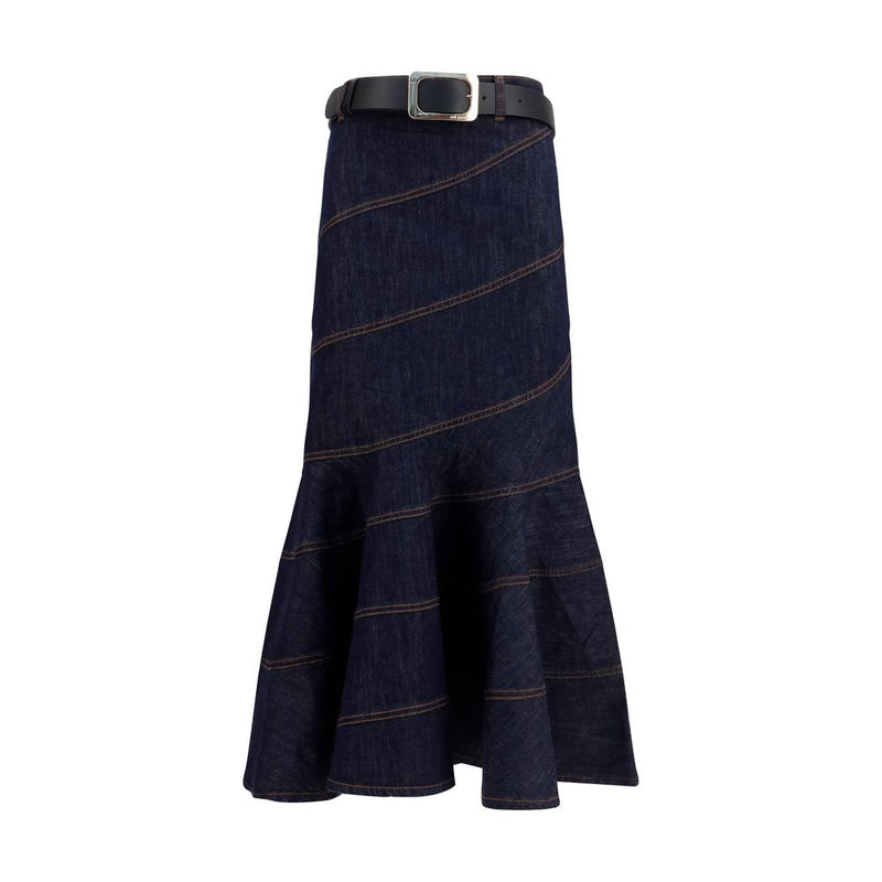 Self-Portrait Blue Denim Midi Skirt with Belt
