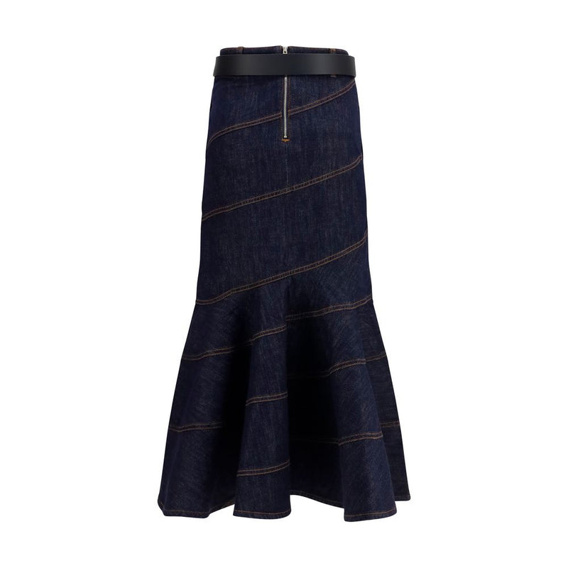 Self-Portrait Blue Denim Midi Skirt with Belt