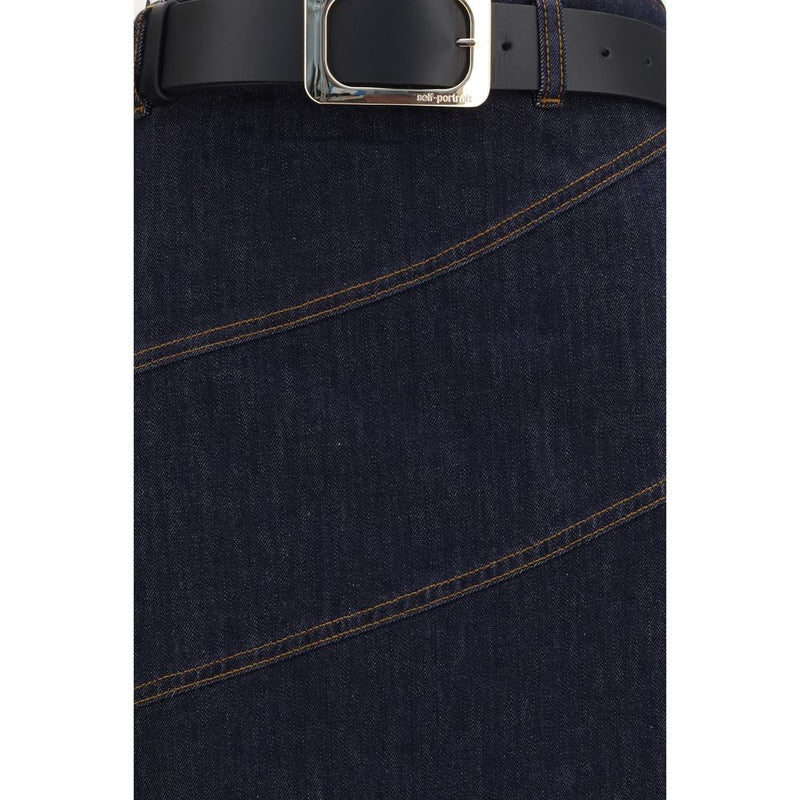 Self-Portrait Blue Denim Midi Skirt with Belt