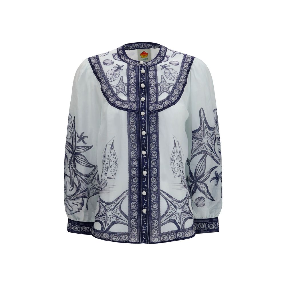 FARM RIO White Ramie Blouse - Elegant Seaside Print