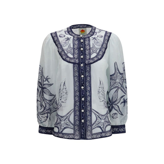 FARM RIO White Ramie Blouse - Elegant Seaside Print