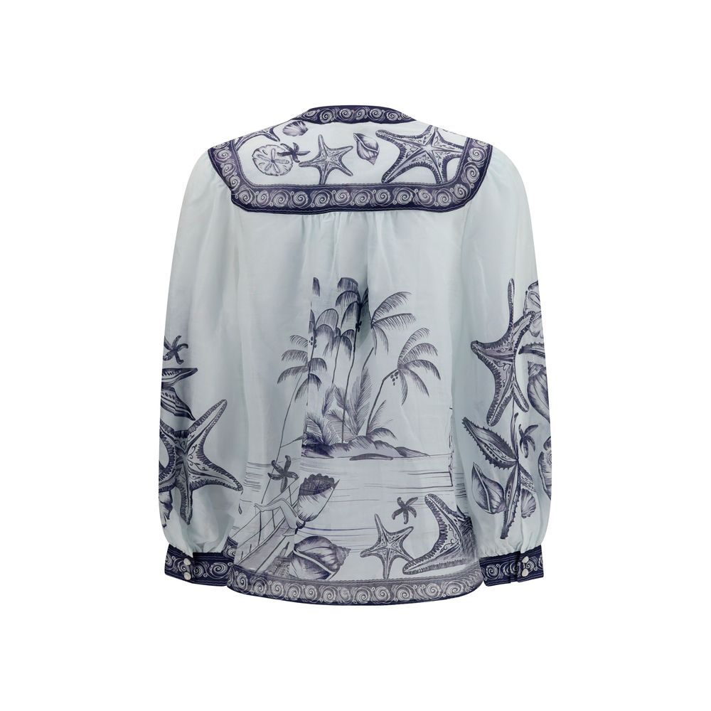 FARM RIO White Ramie Blouse - Elegant Seaside Print