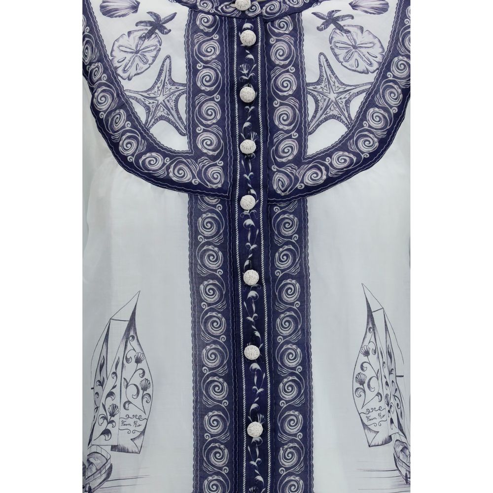 FARM RIO White Ramie Blouse - Elegant Seaside Print