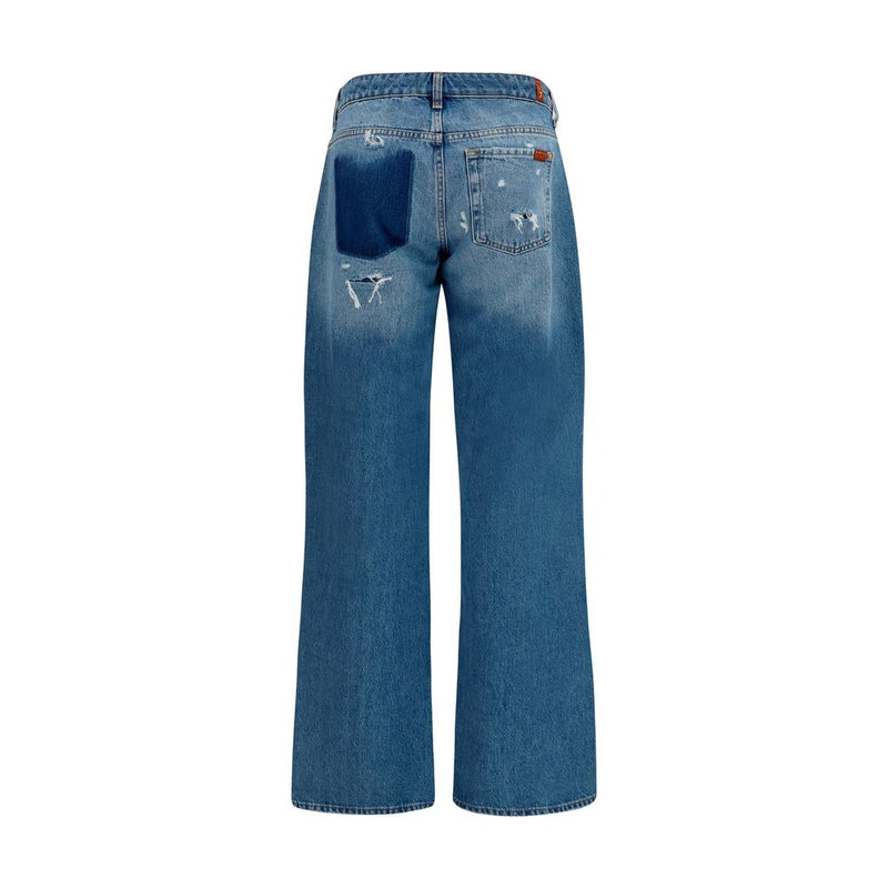 7FOR Blue Cotton Straight-Leg Jeans for Women