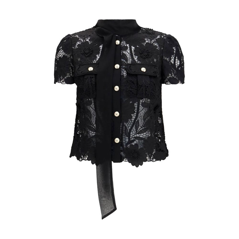 Self-Portrait Black Polyester Blouse with Tie-Neck