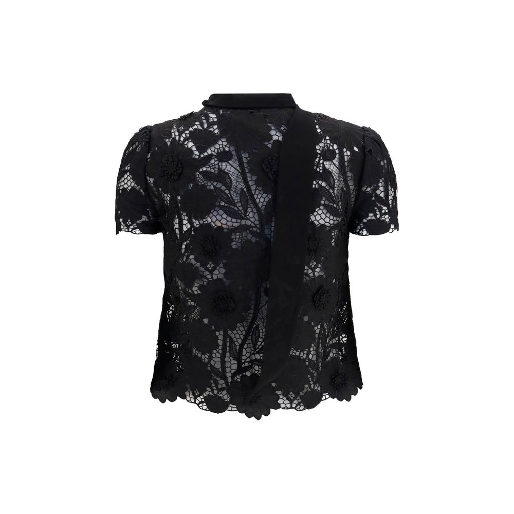 Self-Portrait Black Polyester Blouse with Tie Neck