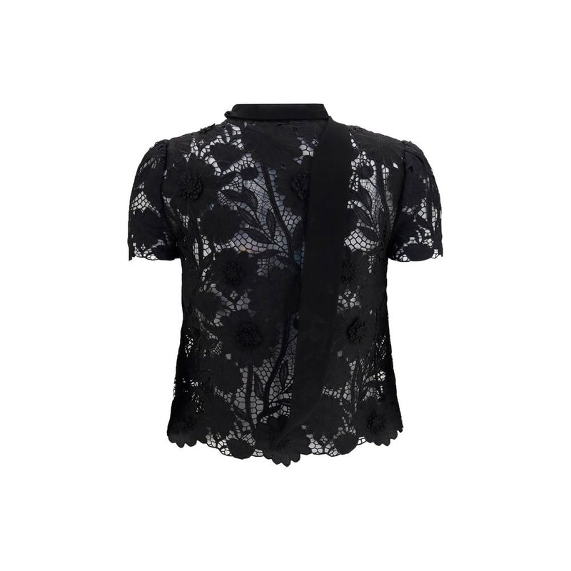 Self-Portrait Black Polyester Blouse with Tie-Neck