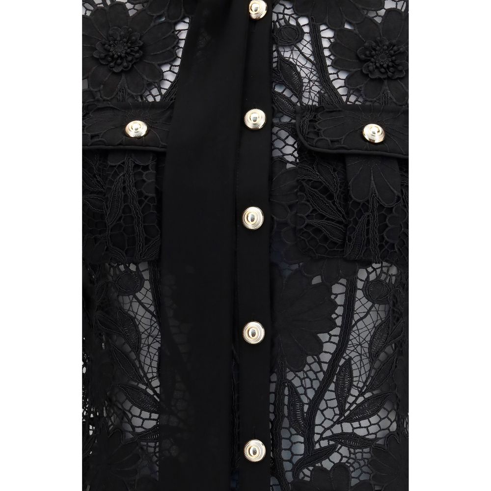 Self-Portrait Black Polyester Blouse with Tie Neck