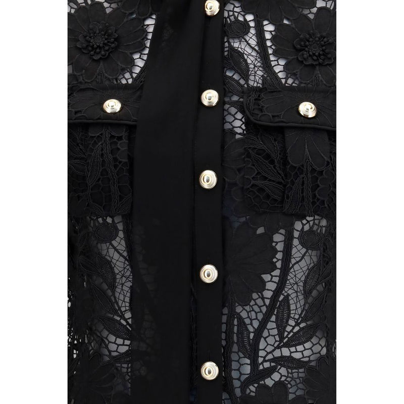 Self-Portrait Black Polyester Blouse with Tie-Neck