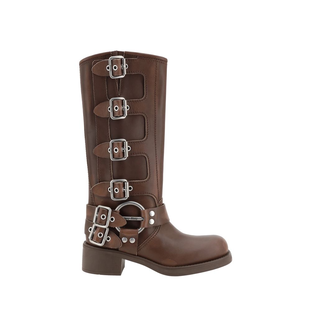 Bottes à lacets Miu Miu en cuir de veau marron Bos Taurus