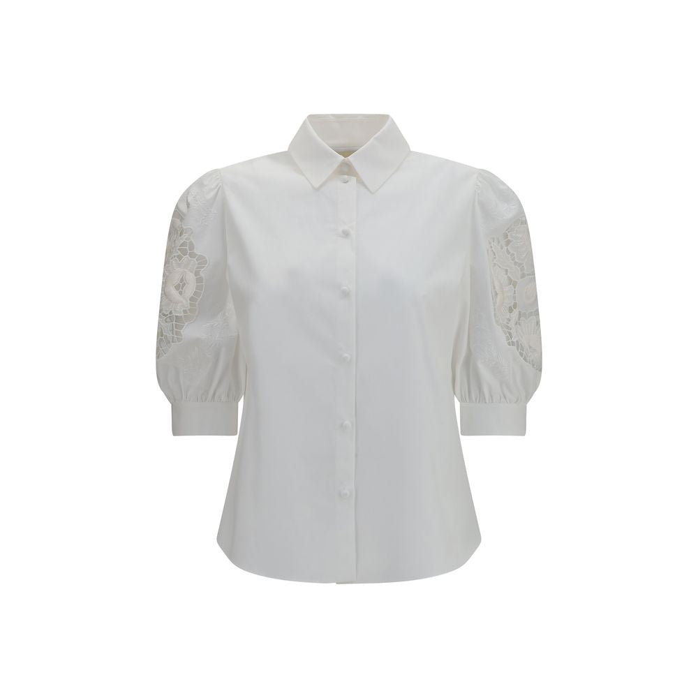 Valentino Garavani White Cotton Blouse with Sangallo Lace Sleeves