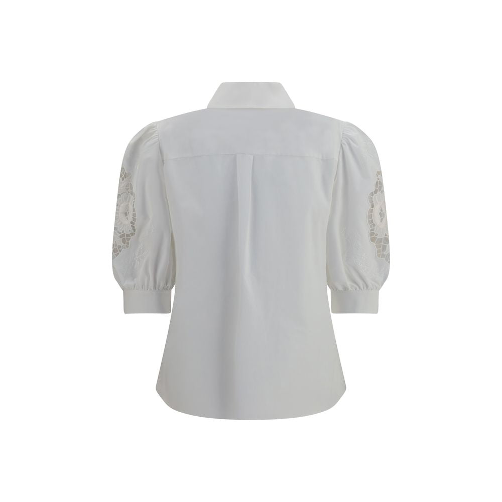 Valentino Garavani White Cotton Blouse with Sangallo Lace Sleeves