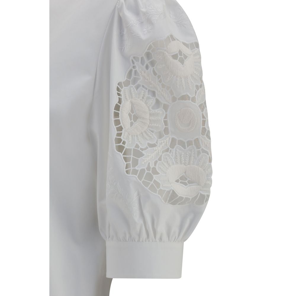 Valentino Garavani White Cotton Blouse with Sangallo Lace Sleeves