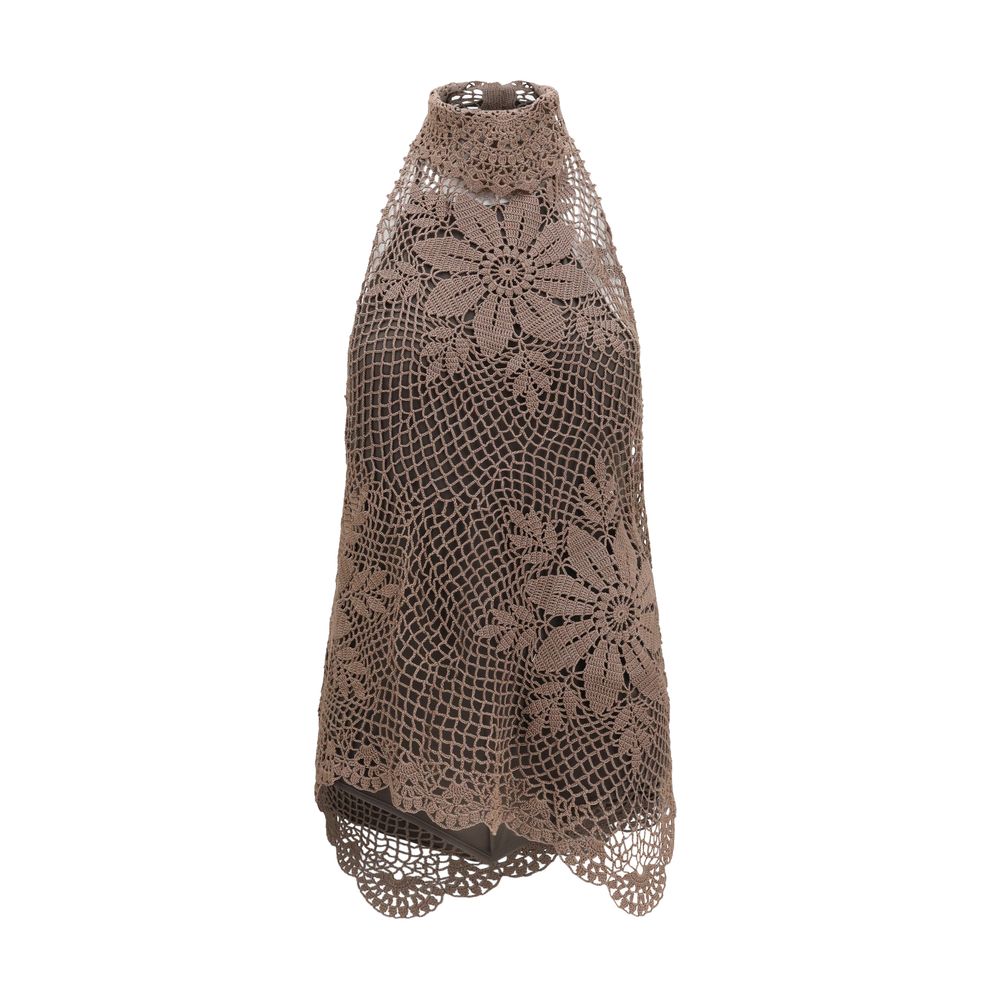 Magda Butrym Brown Cotton Blouse - High-Neck Crochet Design