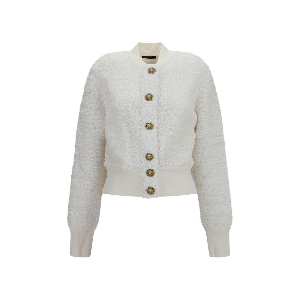 Balmain White Viscose Bomber Jacket with Lion-Head Buttons