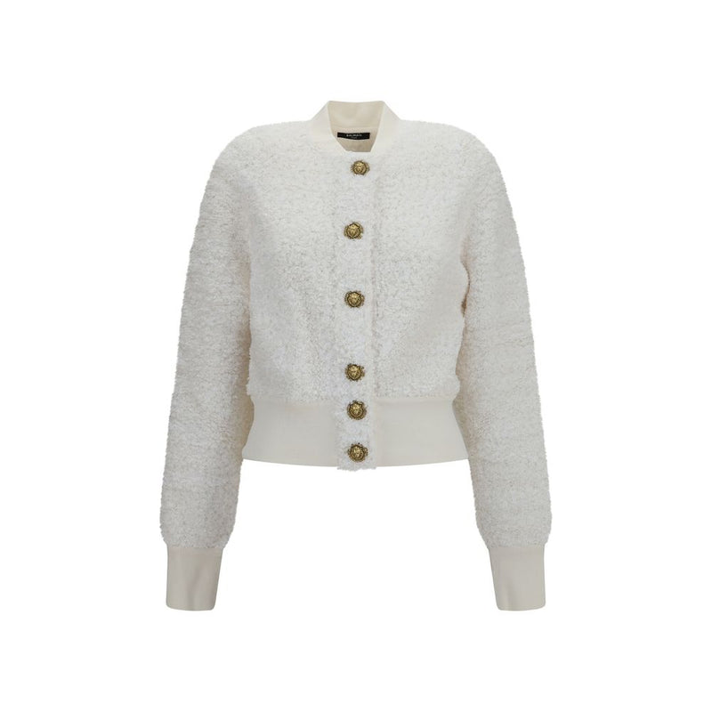 Balmain White Viscose Bomber Jacket with Lion-Head Buttons