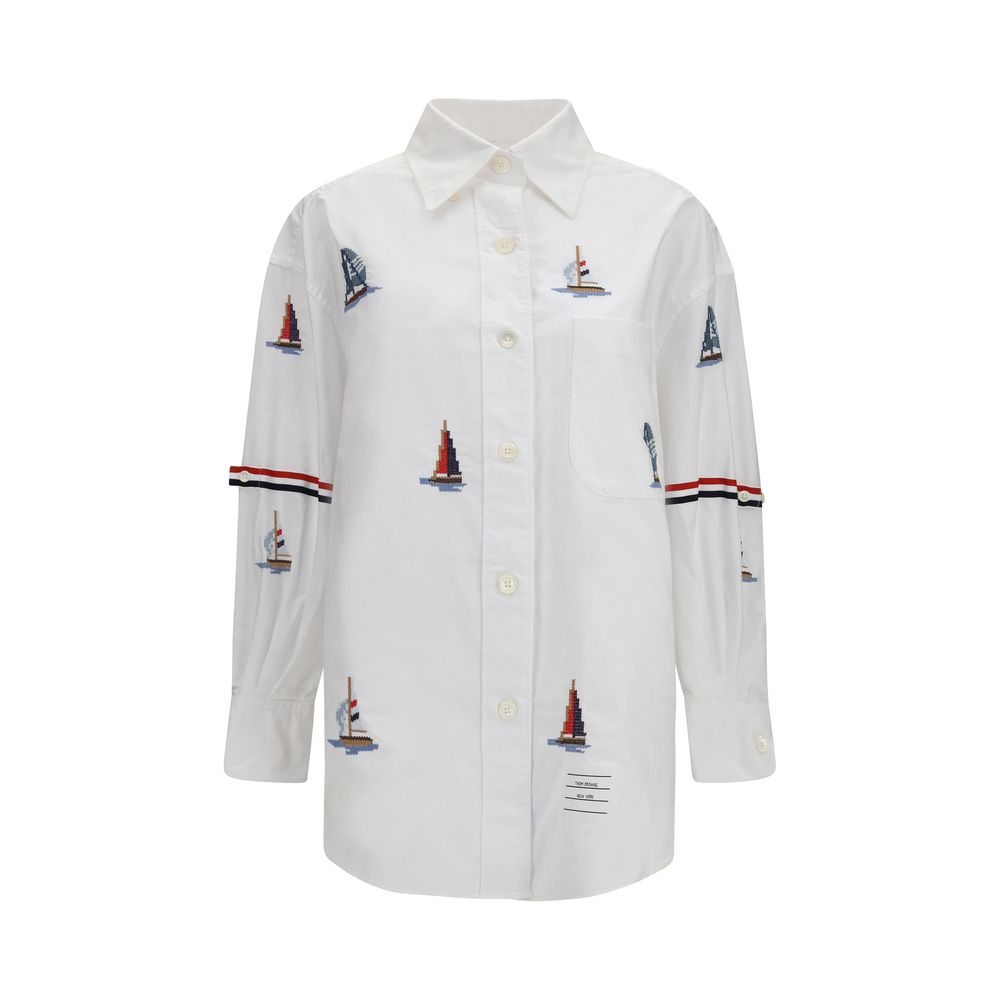 Thom Browne White Cotton Sailboat-Embroidered Shirt