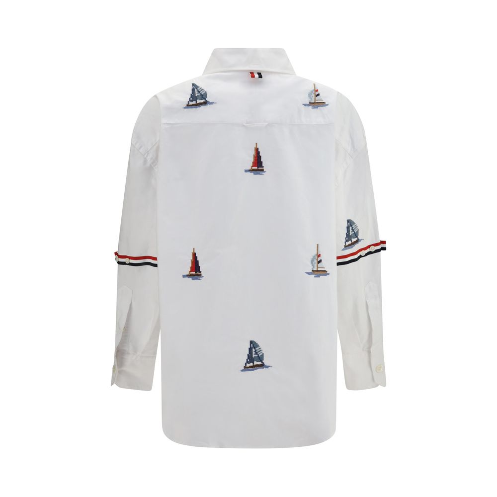 Thom Browne White Cotton Sailboat-Embroidered Shirt