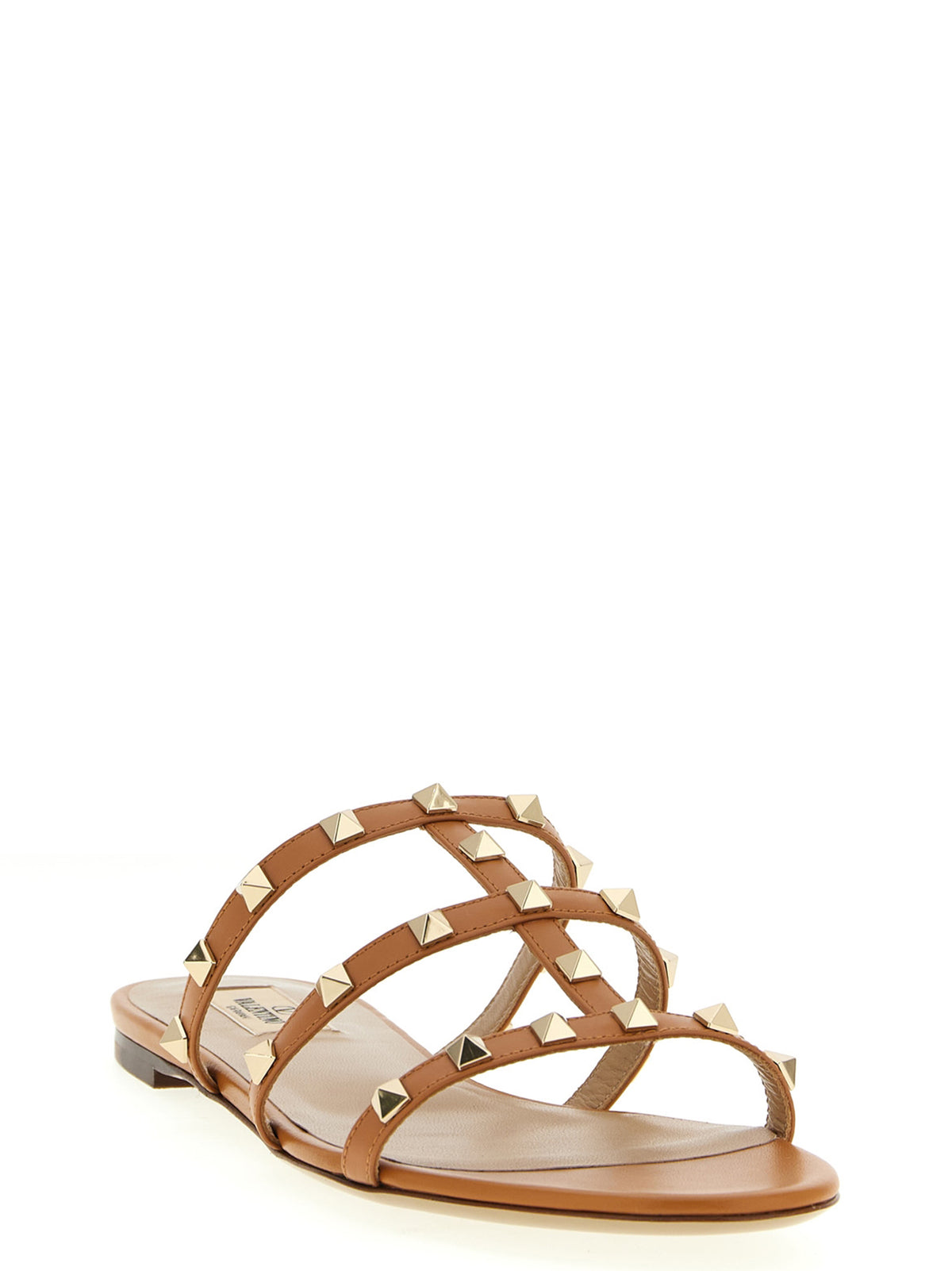 Valentino Garavani Beige Calfskin Rockstud Flat Sandals