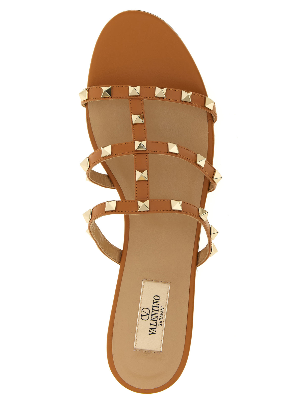 Valentino Garavani Beige Calfskin Rockstud Flat Sandals