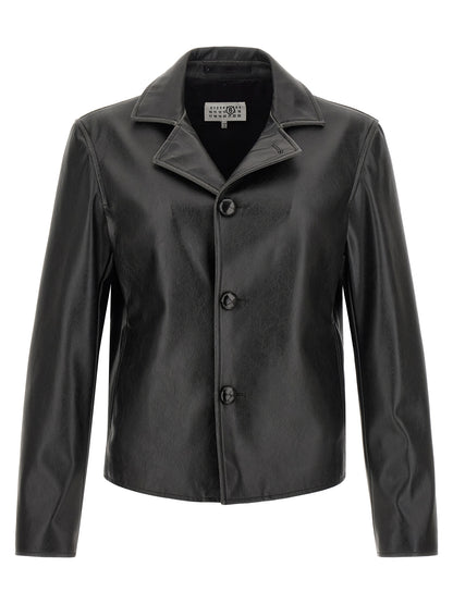 MM6 Maison Margiela Black Polyester Leather Jacket