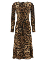 Dolce & Gabbana Brown Viscose Midi Dress with Leopard Print