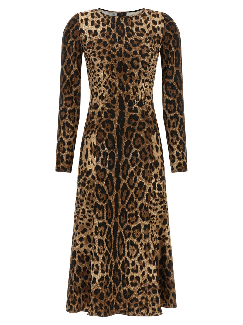 Dolce & Gabbana Brown Viscose Midi Dress with Leopard Print