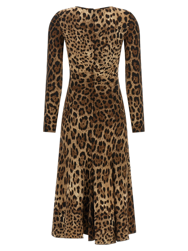Dolce & Gabbana Brown Viscose Midi Dress with Leopard Print
