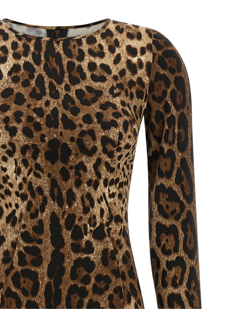 Dolce & Gabbana Brown Viscose Midi Dress with Leopard Print
