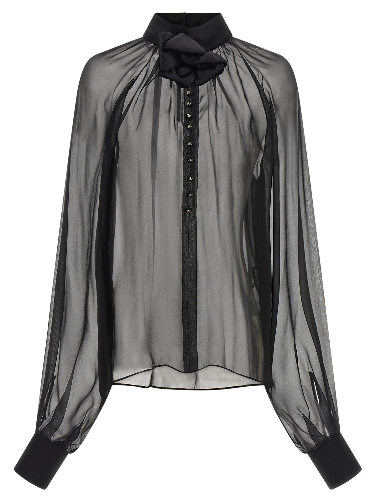 Dolce & Gabbana Black Silk Blouse with Floral Detail