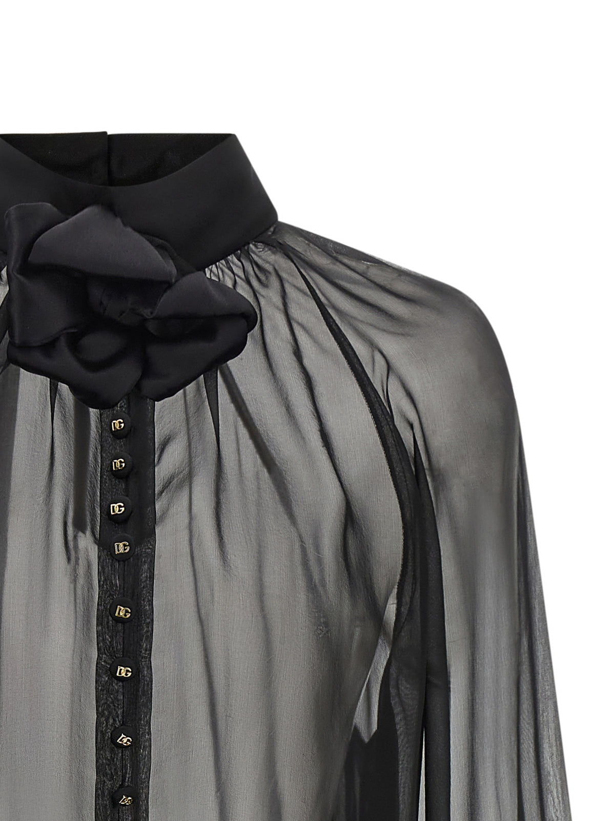 Dolce & Gabbana Black Silk Blouse with Floral Detail