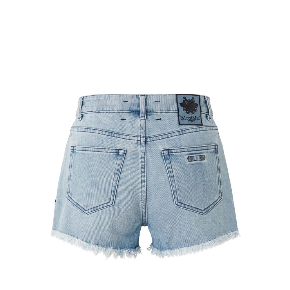 Mr&Mrs Italy Blue Cotton Women's Shorts with Floral Embroidery