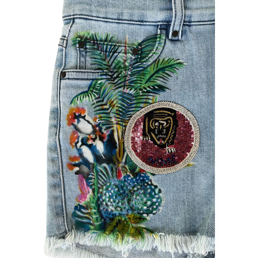 Mr&Mrs Italy Blue Cotton Women's Shorts with Floral Embroidery