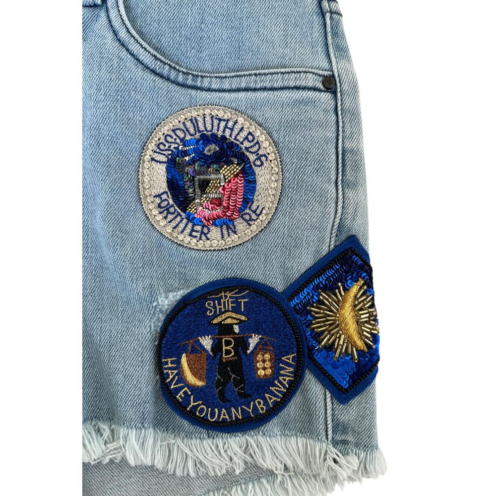 Mr&Mrs Italy Blue Cotton Women's Shorts with Floral Embroidery