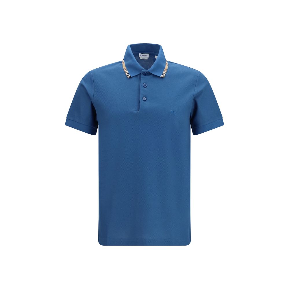 Burberry Blue Cotton Polo Shirt with Check Trims