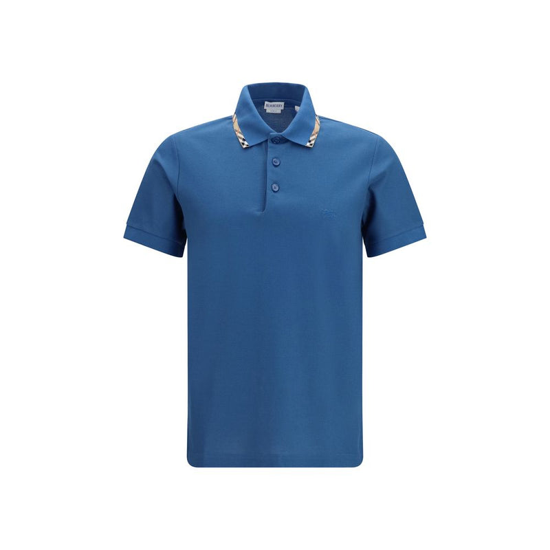 Burberry Blue Cotton Polo Shirt with Check Trims