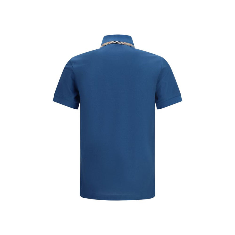 Burberry Blue Cotton Polo Shirt with Check Trims