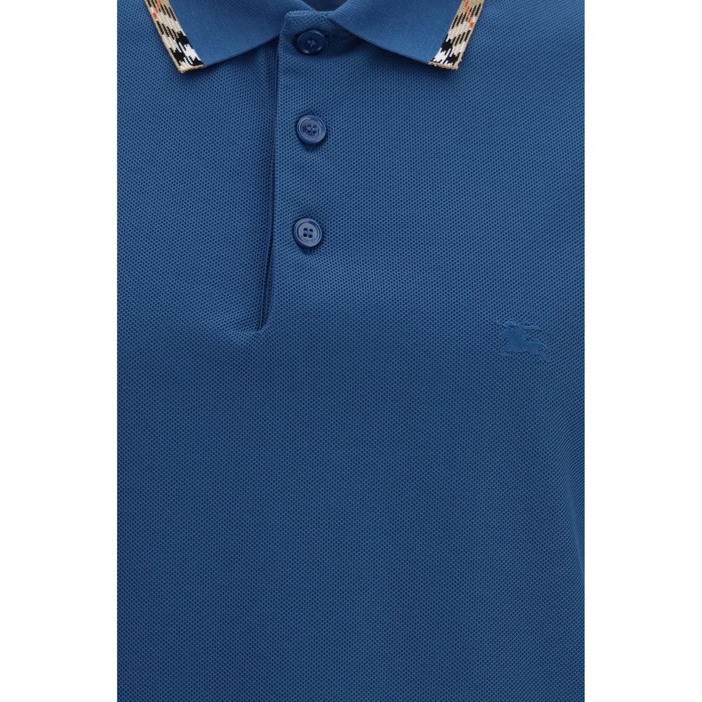 Burberry Blue Cotton Polo Shirt with Check Trims