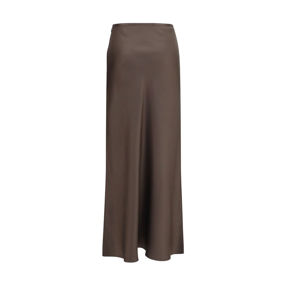 Loulou De Saison Brown Silk Long Skirt - Elegant A-Line Design