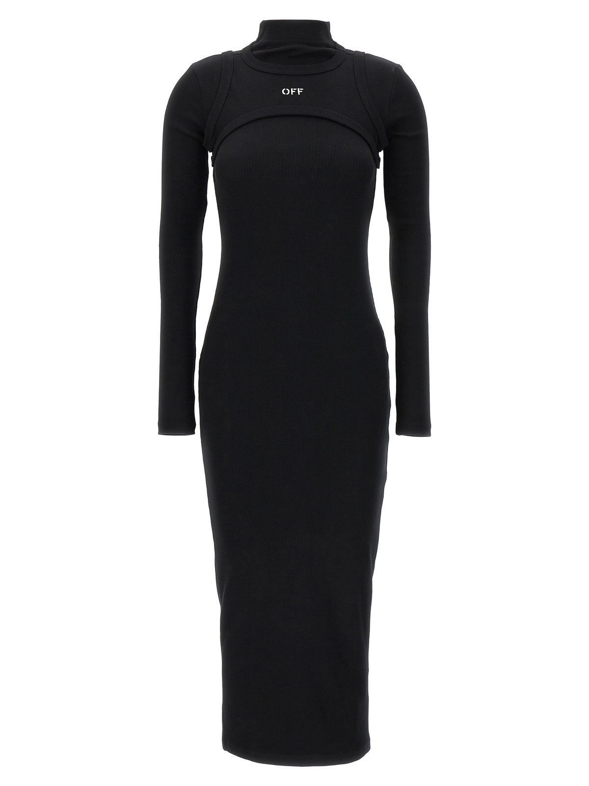 Off-White Black Cotton Midi Dress with Cut-Out Detail