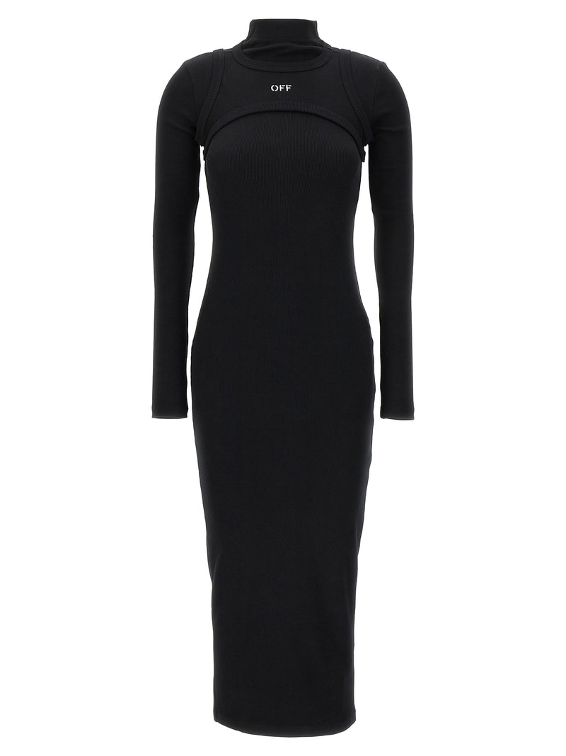 Off-White Black Cotton Midi Dress with Cut-Out Detail