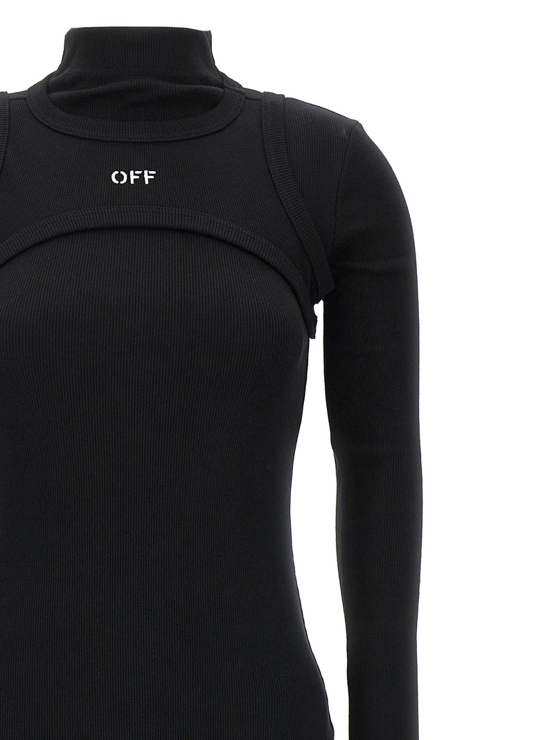 Off-White Black Cotton Midi Dress with Cut-Out Detail