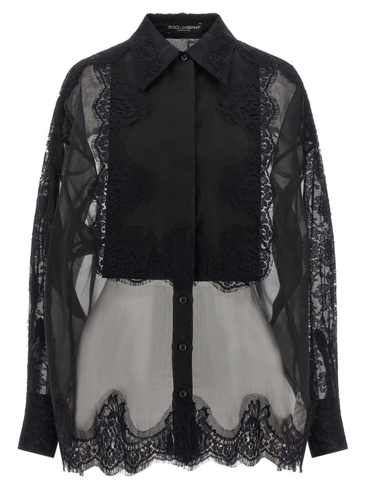 Dolce & Gabbana Black Silk Blouse with Lace Inserts